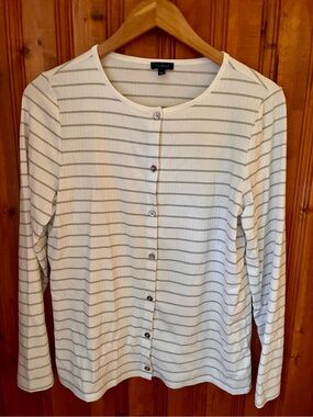 Talbots Cream and Gray Striped Button-Front Long Sleeve Top
